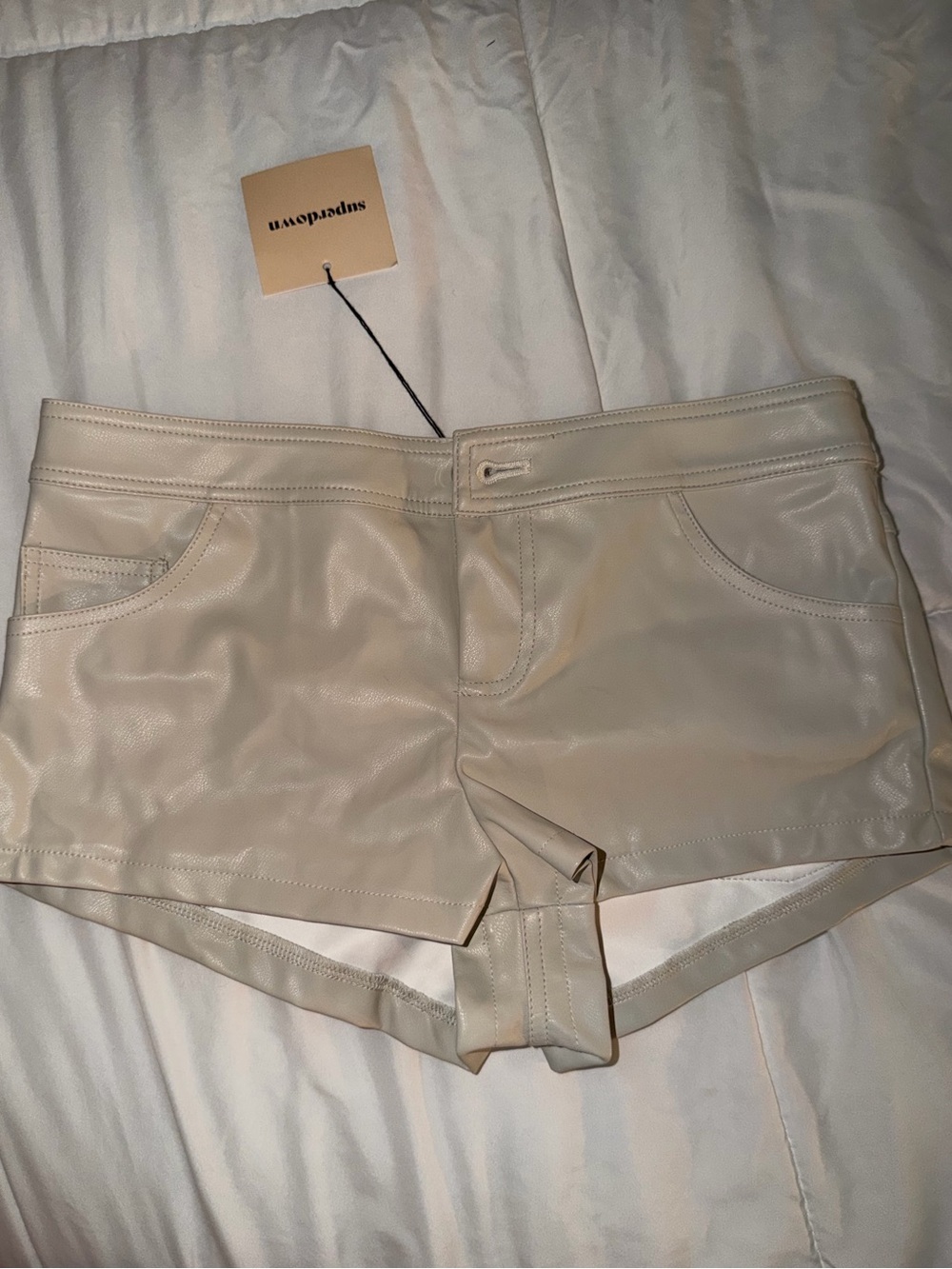 superdown Cream Vegan Leather Bike Shorts